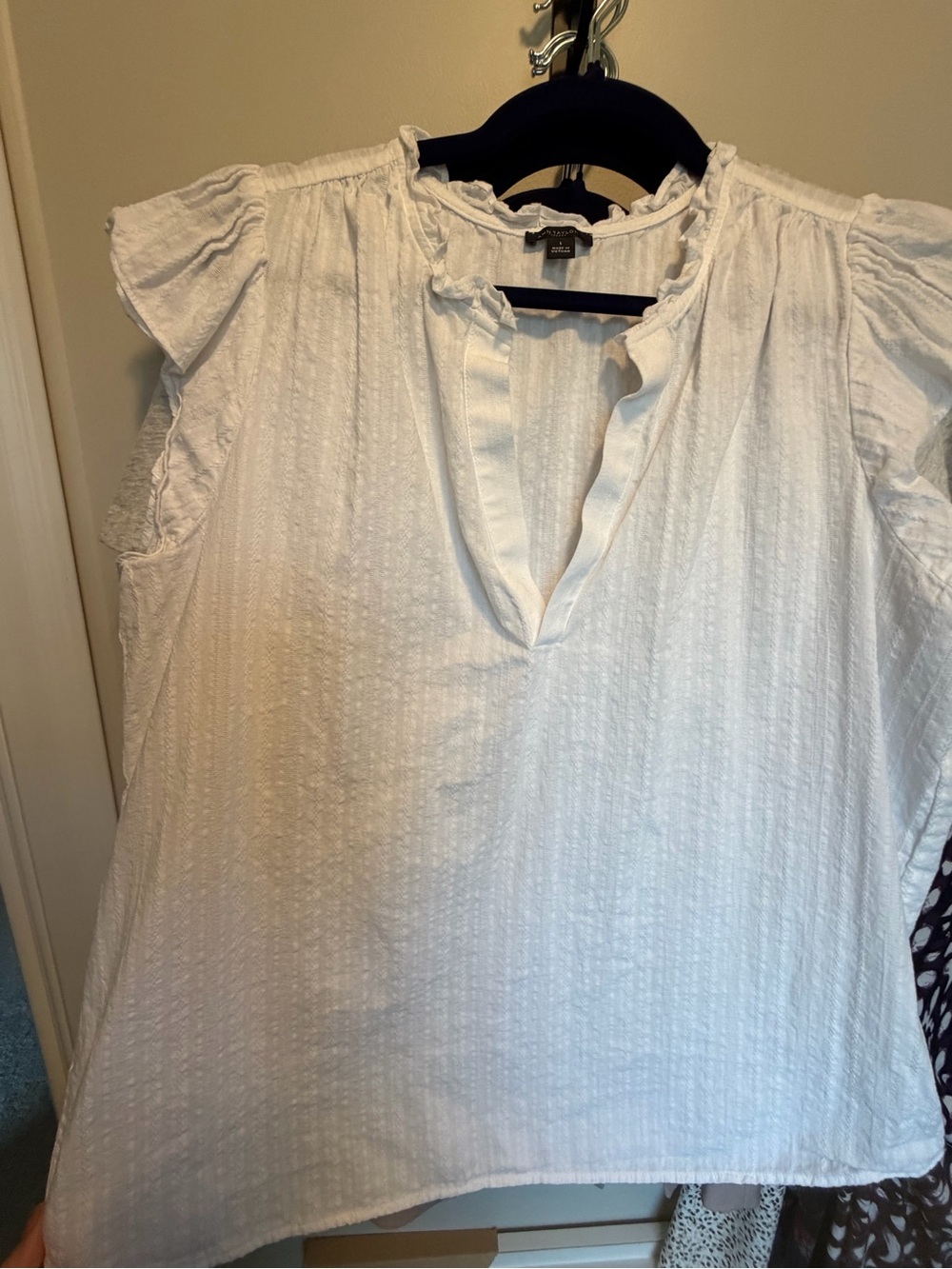 Ann Taylor White Ruffle-Trim V-Neck Flutter Sleeve Top